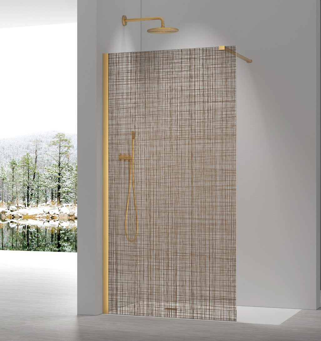 8+ Linear Gold Pattern Walk-In Shower Panel; brochure range photograph