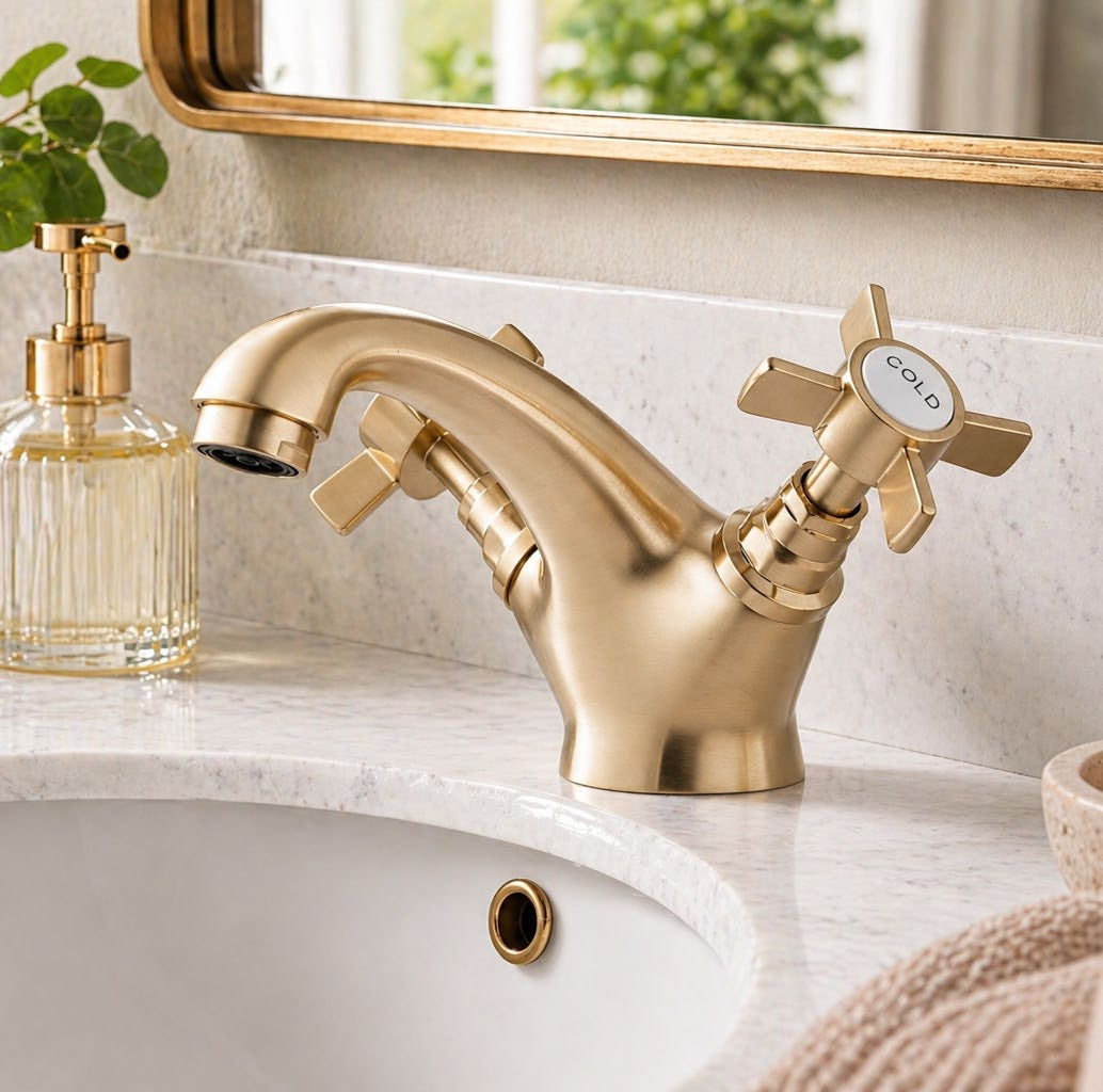 Royal Mono Basin Mixer with Click Waste; Brushed Brass; supplier brochure photograph