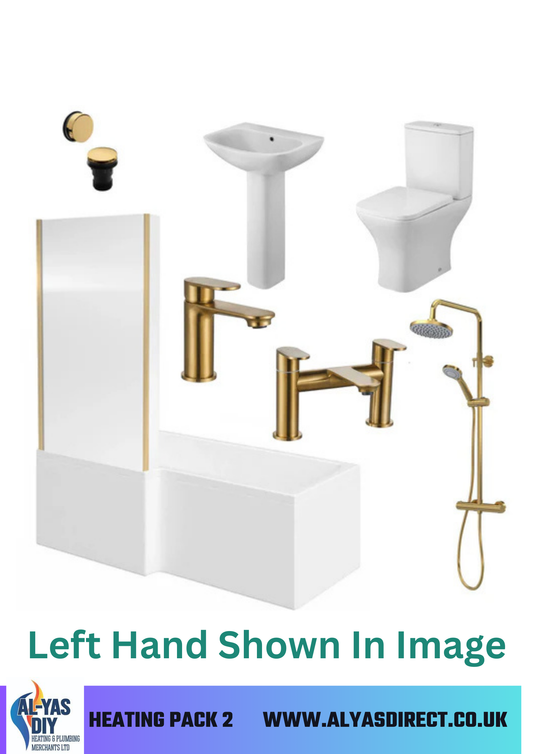L-Shaped Brushed Brass Complete Shower Bathroom Suite