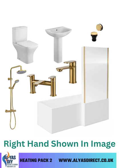 L-Shaped Brushed Brass Complete Shower Bathroom Suite