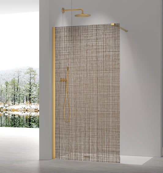 8+ Linear Gold Pattern Walk-In Shower Panel; brochure range photograph