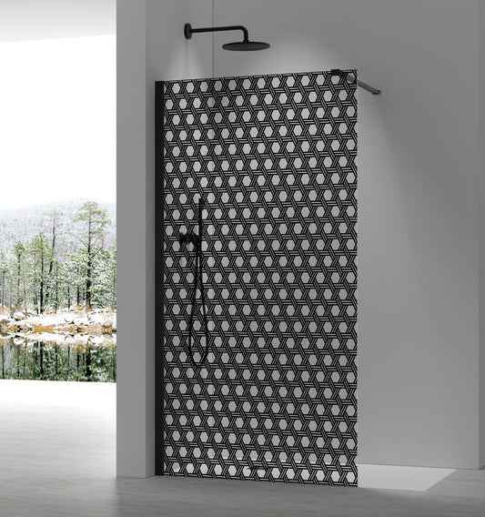 8+ Black Geo Pattern Walk-In Shower Panel; brochure range photograph