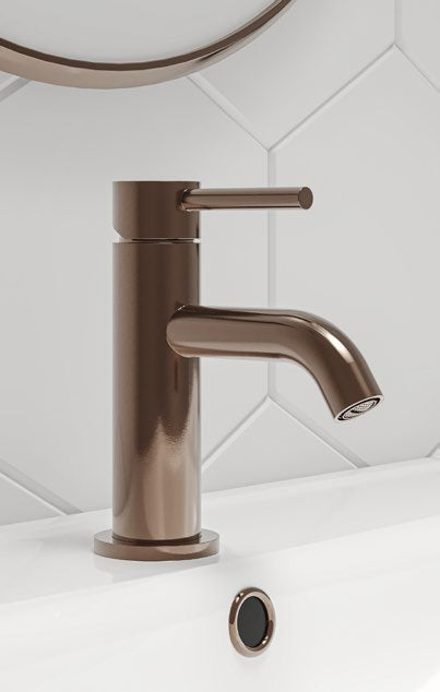 Oria Mono Basin Mixer with Click Waste; Brushed Brass; supplier brochure photograph