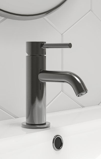Oria Mono Basin Mixer with Click Waste; Gunmetal; supplier brochure photograph