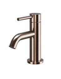 Oria Mini Mono Basin Mixer with Click Waste; Brushed Brass; supplier brochure photograph
