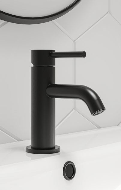 Oria Mono Basin Mixer with Click Waste; Matt Black; supplier brochure photograph