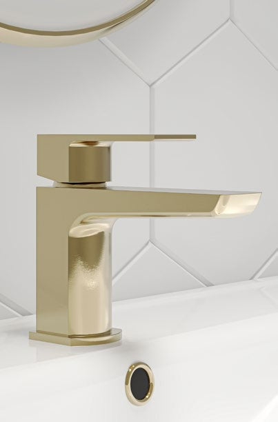 Olsen Mono Basin Mixer with Click Waste; Brushed Brass; supplier brochure photograph