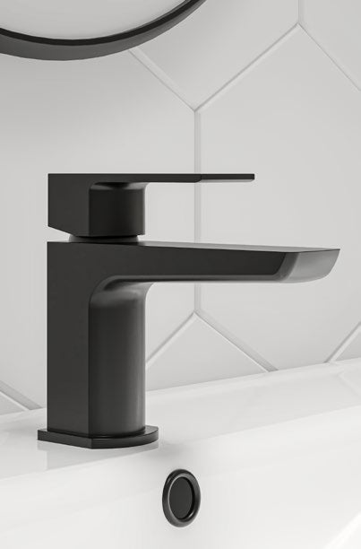 Olsen Mono Basin Mixer with Click Waste; Matt Black; supplier brochure photograph