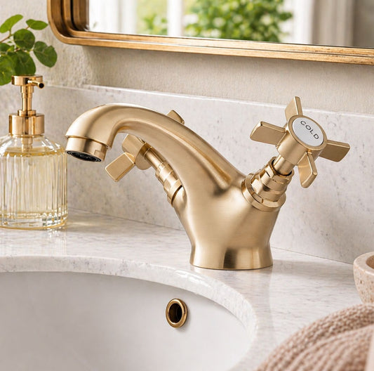 Royal Mono Basin Mixer with Click Waste; Brushed Brass; supplier brochure photograph