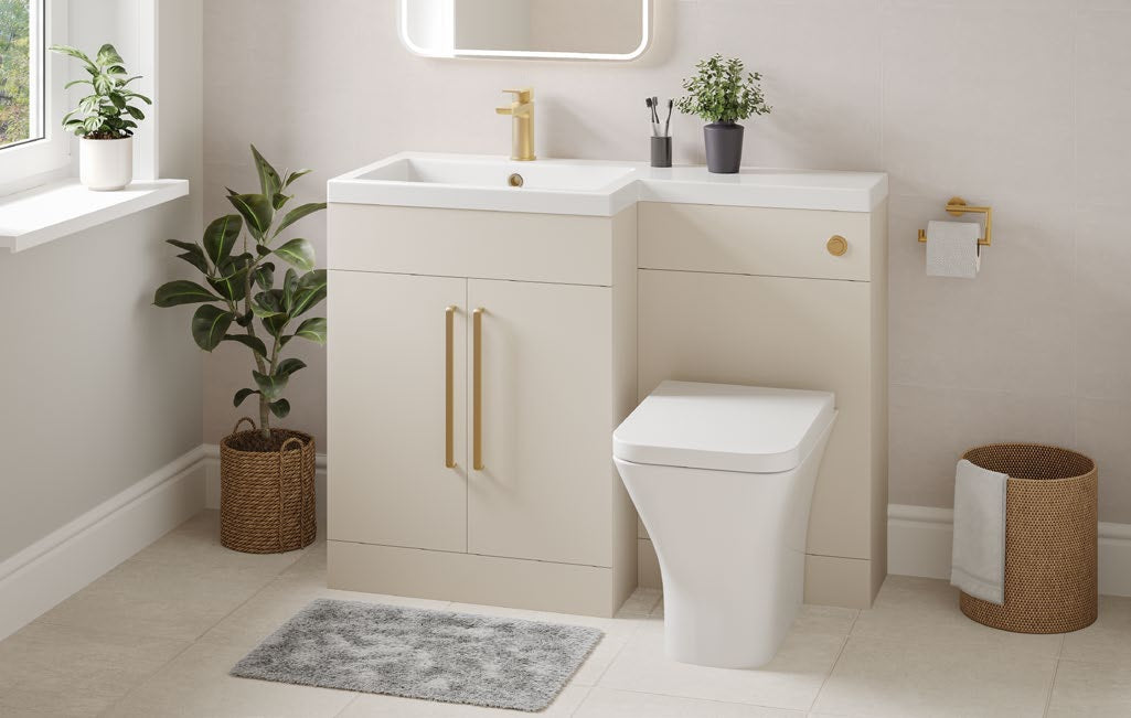 Lena L-Shape Furniture Pack with Doors; brochure range photograph, handing shown is illustrative