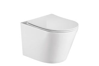 Halo Rimless Wall Hung Pan & Seat; {'Finish': 'Gloss White'}; supplier brochure photograph