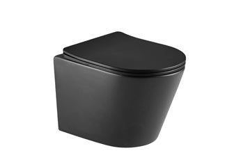 Halo Rimless Wall Hung Pan & Seat; {'Finish': 'Matt Black'}; supplier brochure photograph