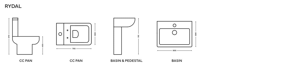 Rydal supplier technical drawings; select the diagram for the relevant configuration
