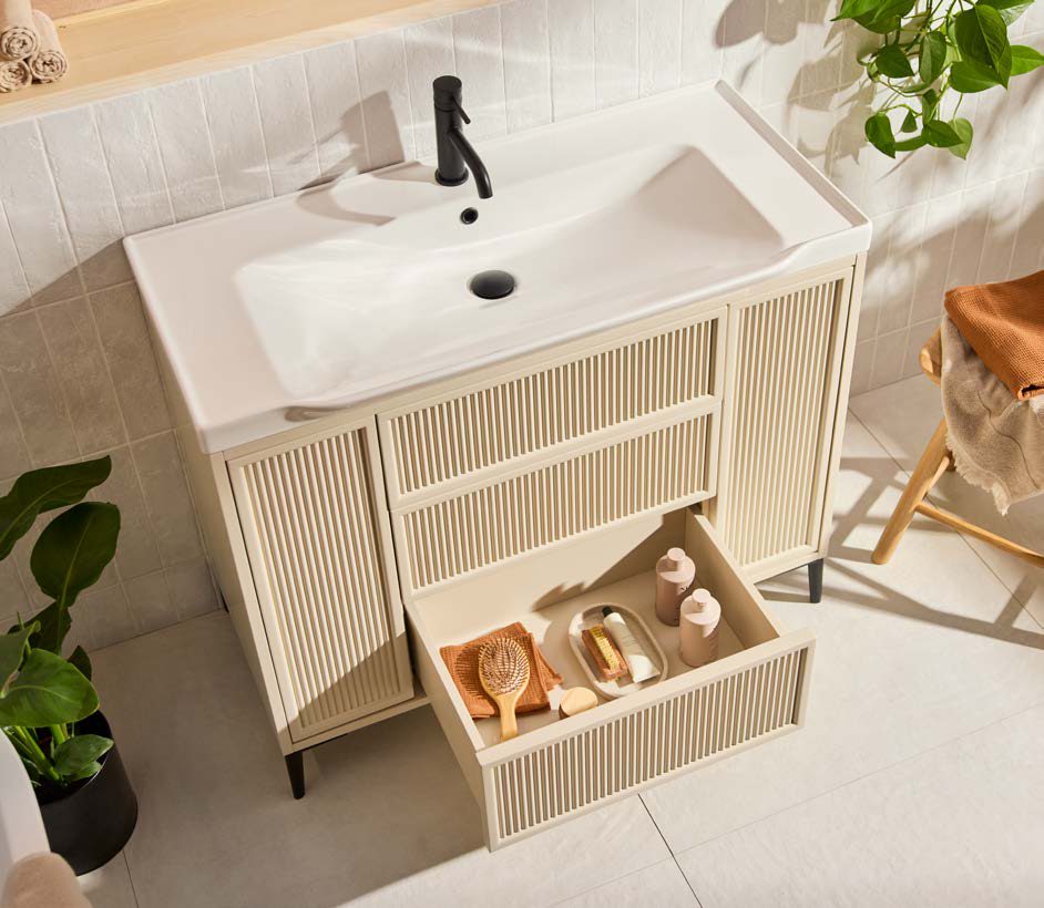 Bota fluted cabinet range shown with separately sold basin and legs